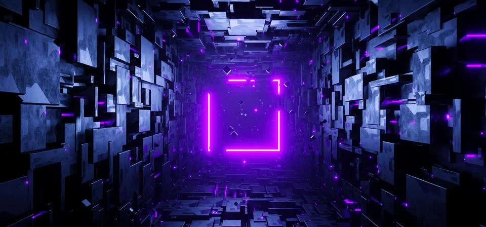Sci-fi rectangular tunnel with neon purple square sign concept background Stock Illustration