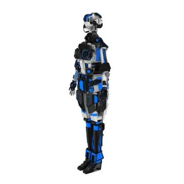 Sci fi robot blue neon light on white background Stock Illustration