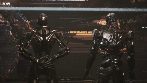 Sci-fi robot explains attack plan to its chief officer on Screen 01 库存影片 164498428