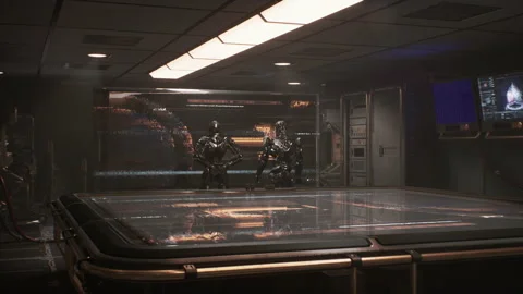 Sci-fi robot explains attack plan to its chief officer on Screen 02 库存影片 164561323