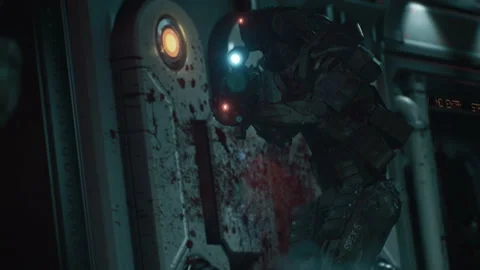 Sci-fi robot soldiers comb the corridor to catch heroes 02 Stock Footage 202154579