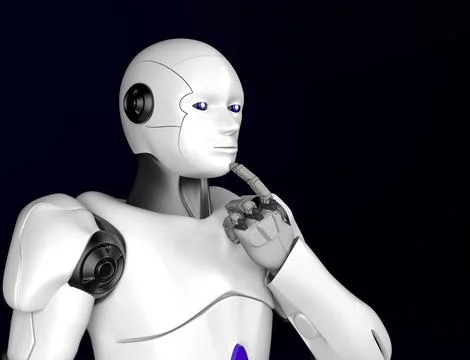 Sci-fi robot thinking,android on black background,3d render. Stock Illustration