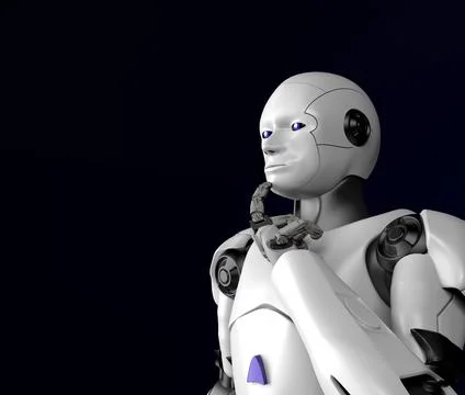 Sci-fi robot thinking,android on black background,3d render. Stock Illustration