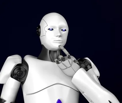 Sci-fi robot thinking,android on black background,3d render. Stock Illustration