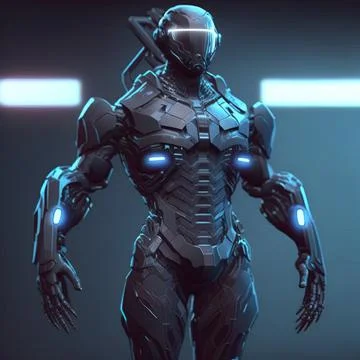 Sci-fi robotic exoskeleton armor with human operator inside, robot with neon  Illustrazione stock