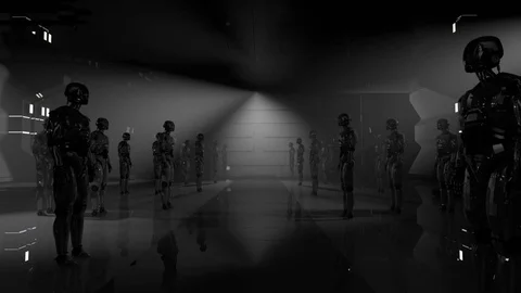 Sci Fi Robots, tanks, Spaceships &amp; Cryo Freeze Room with Man Stock Footage 116983866