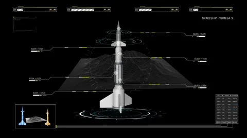 Sci-Fi Rocket Spaceship HUD Interface with 3D Wireframe Terrain and Satellite 動画素材 338433639