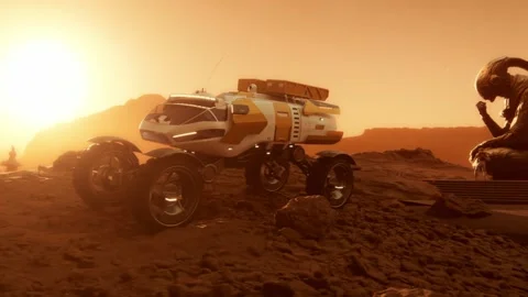 Sci-Fi Rover Parked Near Ancient Alien Statue at Sunset Stock Footage 322045344