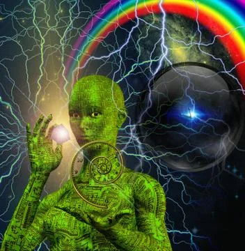 Sci fi scene with android Stock Illustration