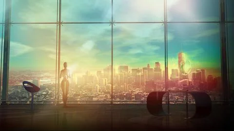 Sci-fi scene with an android working in a futuristic office, 3D render. Stock Illustration