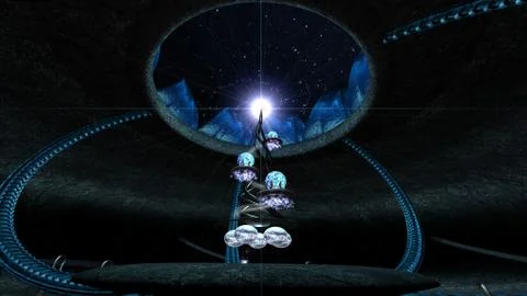 Sci fi scene tower in a cave. Fantasy 3d render illustration Stock Illustration