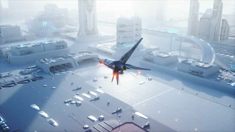 Sci fi ship over futuristic fog city. Aerial view. Concept of future. Realistic Stock Footage 91078725