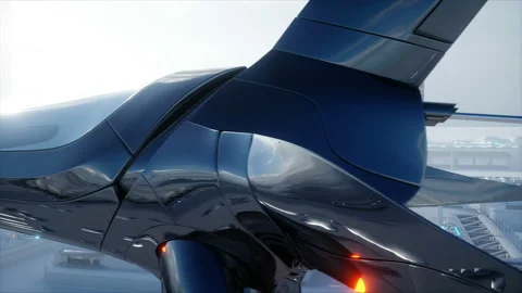Sci fi ship over futuristic fog city. Aerial view. Concept of future. Realistic Stock Footage 91078887