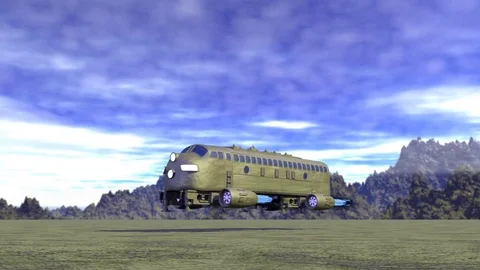 SCI FI SHUTTLE BUS TAKES OFF NEAR ROCKS Video stock 74136264