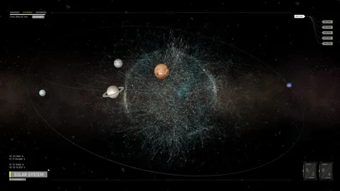 Sci-Fi Solar System HUD Interface with Orbiting Planets and Digital Network 動画素材 338433643
