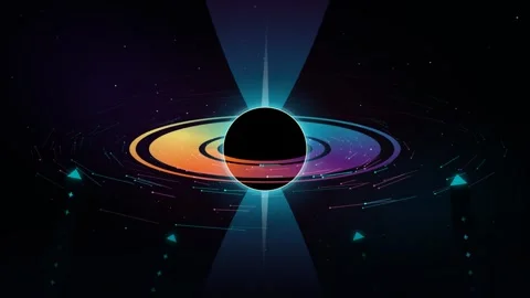 Sci-fi space background with black hole singularity and neon rings loop Vidéo 344044196