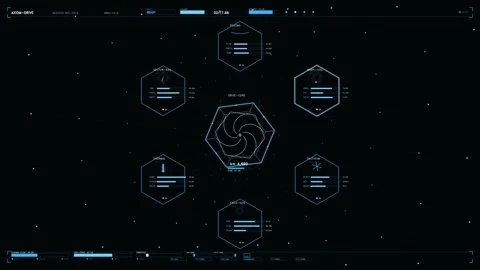 Sci-Fi Spacecraft Engine Interface with Drive Core Telemetry and Hexagonal .. Stock Footage 334104688