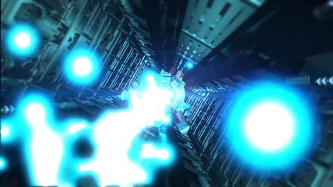 Sci-fi spaceship corridor with blue laser 3D rendering Stock Illustration