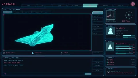 Sci-Fi Spaceship HUD Interface with Rotating 3D Wireframe Vessel Stock Footage 341677141