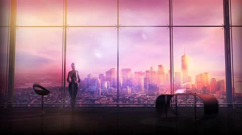 Sci-fi storyline with android in the office of the future, 3D render. Stock Illustration