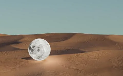 Sci-Fi surreal dunes with moon in dreamy desert. 3d render, 3d illustration. Ilustração Stock