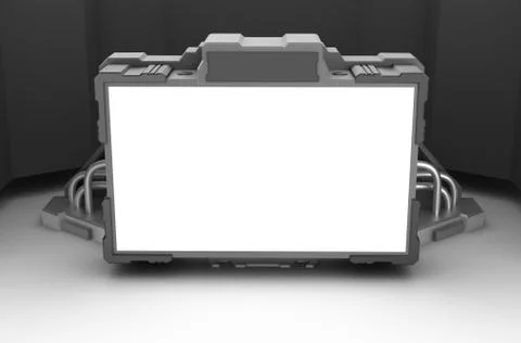 Sci-fi terminal. Blank techno screen with wires and cables. Stock-Illustration