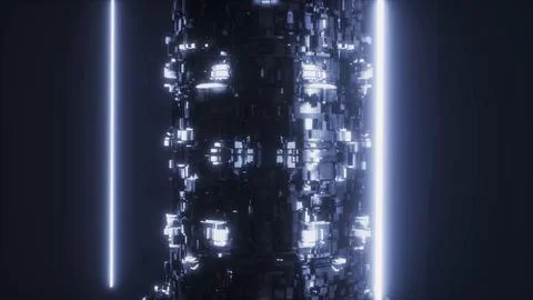 Sci-fi tower column between two neon lines, 4K illustration Stock Illustration
