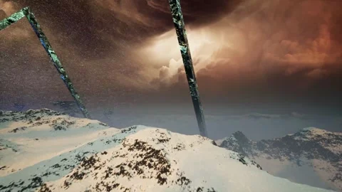 Sci-Fi Triangular Structure in Snowy Ruins Stock Footage 322211708