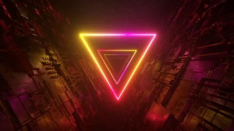Sci-fi tunnel with neon triangles. An endless flight forward to the stars and Ilustración de archivo