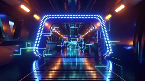 Sci-fi tunnel in outer space with neon light. Planet Earth outside the window of Video stock 156655561