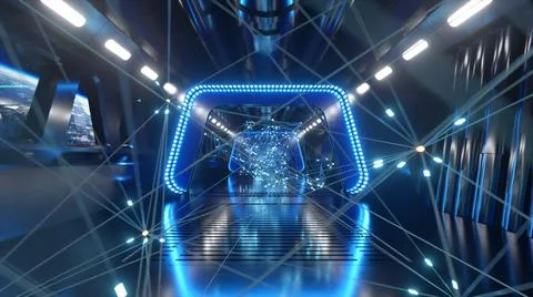 Sci-fi tunnel in outer space with neon light. Planet Earth outside the window Foto stock
