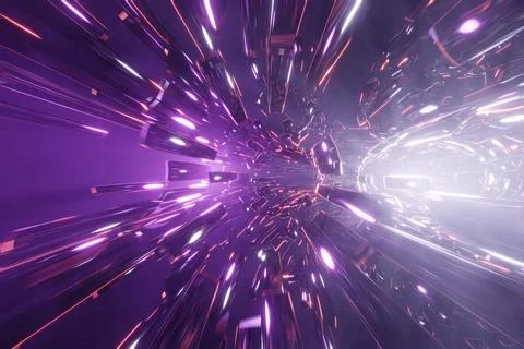 Sci-fi tunnel with Withe and Violet neon lights. Abstract high-tech tunnel as Illustrazione stock