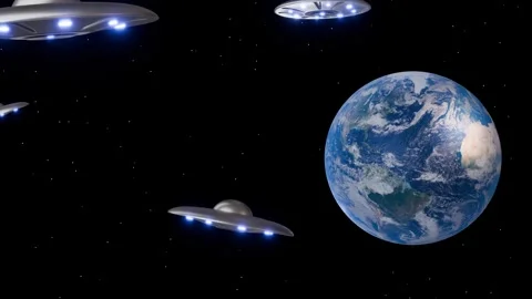 Sci-Fi UFO Fleet Near Earth Background Stock Footage 341342214