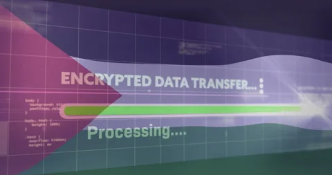 Sci-fi UI showing encrypted data transfer progress bar moving across neon grid Stock Footage 309036144