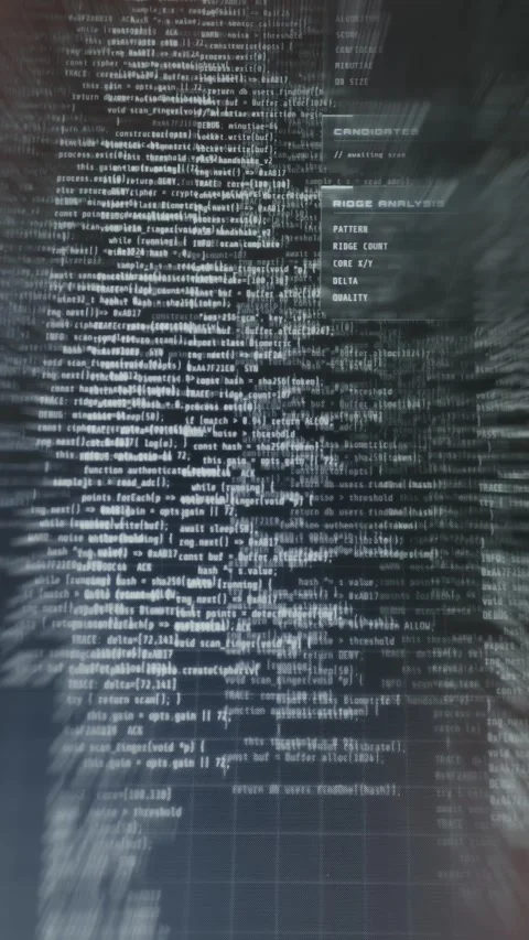 Sci-fi UI visualization of biometric fingerprint scanning system code Stockbeeldmateriaal 335459685