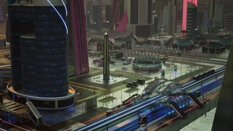 Sci-Fi Urban Night with Trams and Lights Stock Footage 321675791