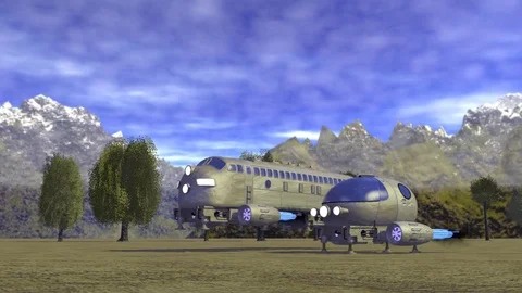 SCI FI VEHICLES TAKES OFF AMONGST MOUNTAINS Vídeos de archivo 74229735