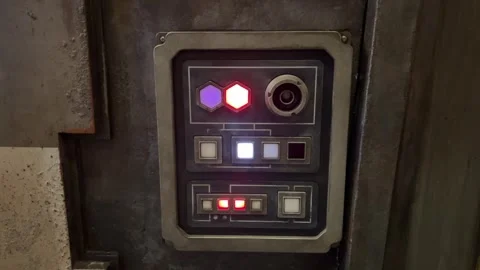 Sci Fi Wall Control Panel with Colorful Blinking Lights in Industrial Corridor Stock-Footage 346984835