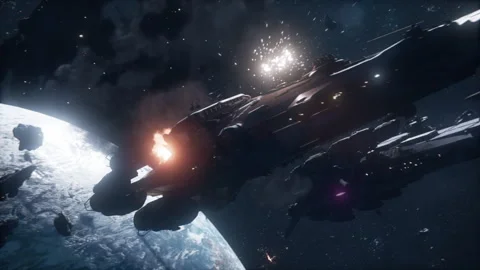 Sci-Fi Warship Hit by Laser Strike and Exploding Stock Footage 309374104