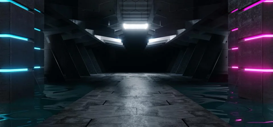 Sci Fi Water Path Gateway Led Neon Glowing Purple Blue Hallway Warehouse Tunn Illustrazione stock