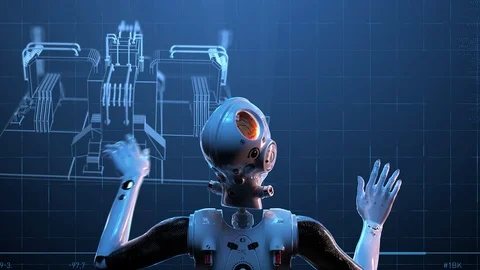 Sci-fi woman robot ,  large holographic interface analysis of the assembly of Stock Footage 107635507