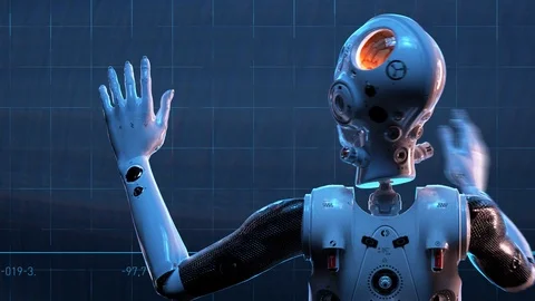 Sci-fi woman robot ,  large holographic interface analysis of the assembly of Video stock 107635552