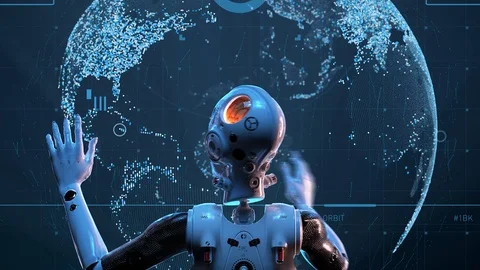Sci-fi woman robot ,  large holographic interface study of the globe animatio Stock Footage 107635560