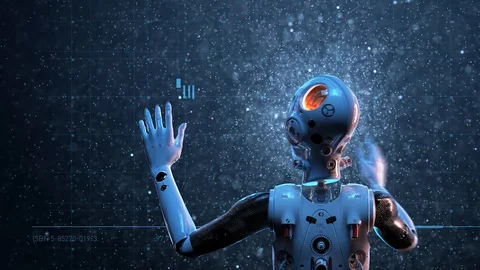 Sci-fi woman robot ,  large holographic interface study and search for extrat Stock-Footage 107635581