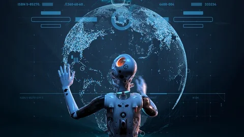 Sci-fi woman robot ,  large holographic interface study of the globe animatio Stock Footage 107635840