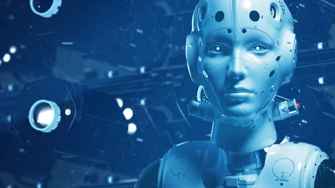 Sci-fi woman robot , learning digital information the digital world Video stock 108331105