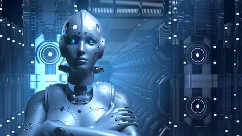 Sci-fi woman robot , learning digital information the digital world Video stock 108331887