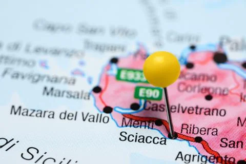 Sciacca pinned on a map of Italy Stock Photos