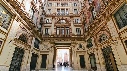 Sciarra Gallery, a covered walking passagee with ornately painted walls in Rome Stock Footage 95107654