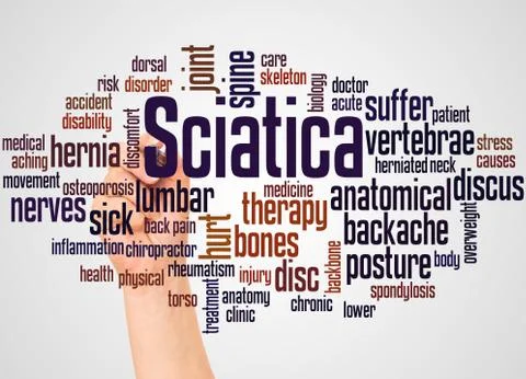 Sciatica word cloud and hand with marker concept Stock Photos